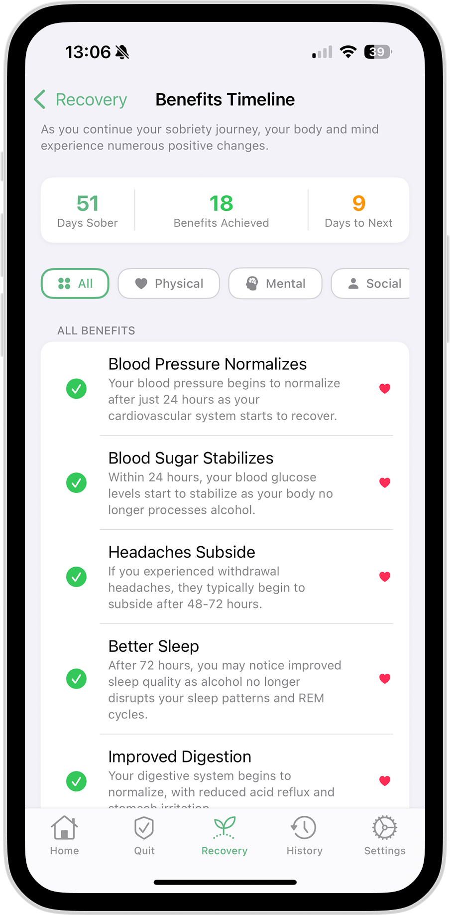 Sobify app showing benefits timeline with recovery milestones